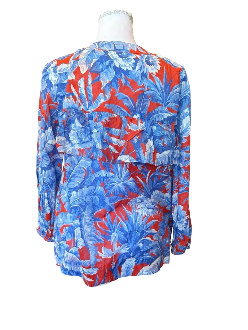 J.Crew Tropical Floral Ruffle Blouse XS 100% Cotton Red Blue Lightweight Boho